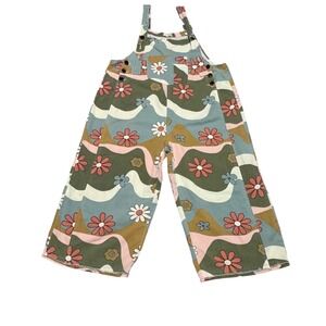 Easel Los Angeles Retro 70s Floral Psychedelic Wide Leg Cropped Overalls Large